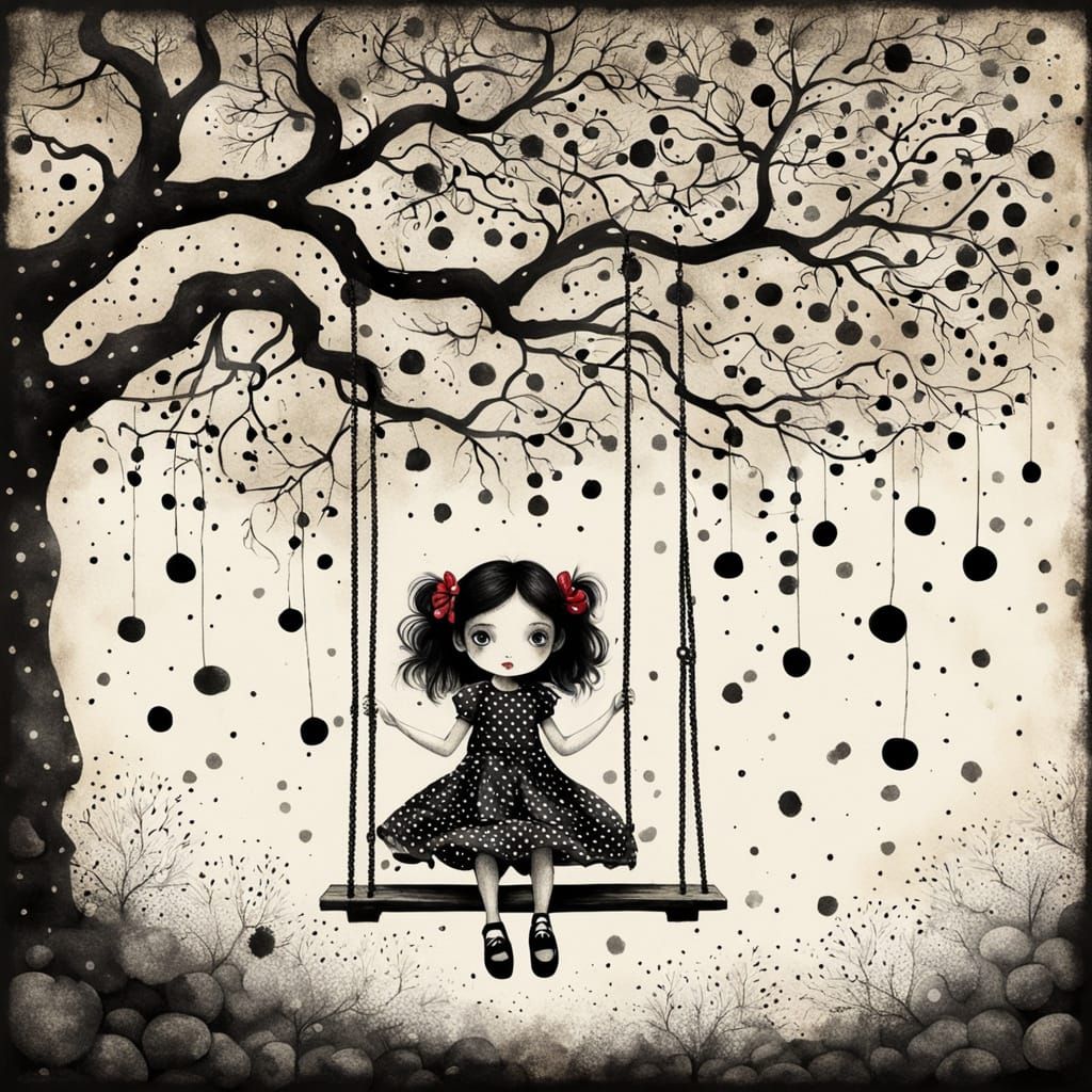 Sinister Polka Dot Girl Swinging on Polka Dot Tree