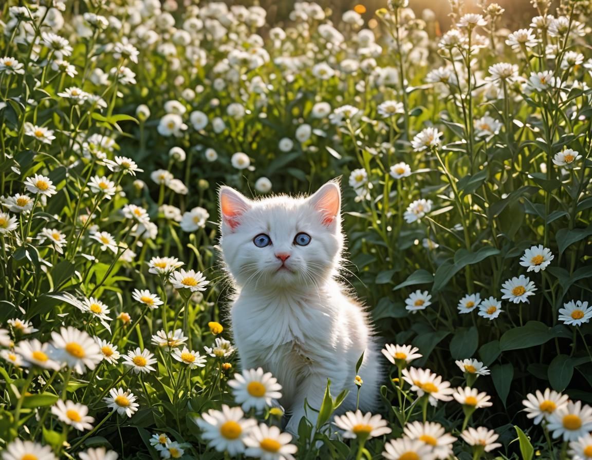 White Kitten Hidden in Flower Field