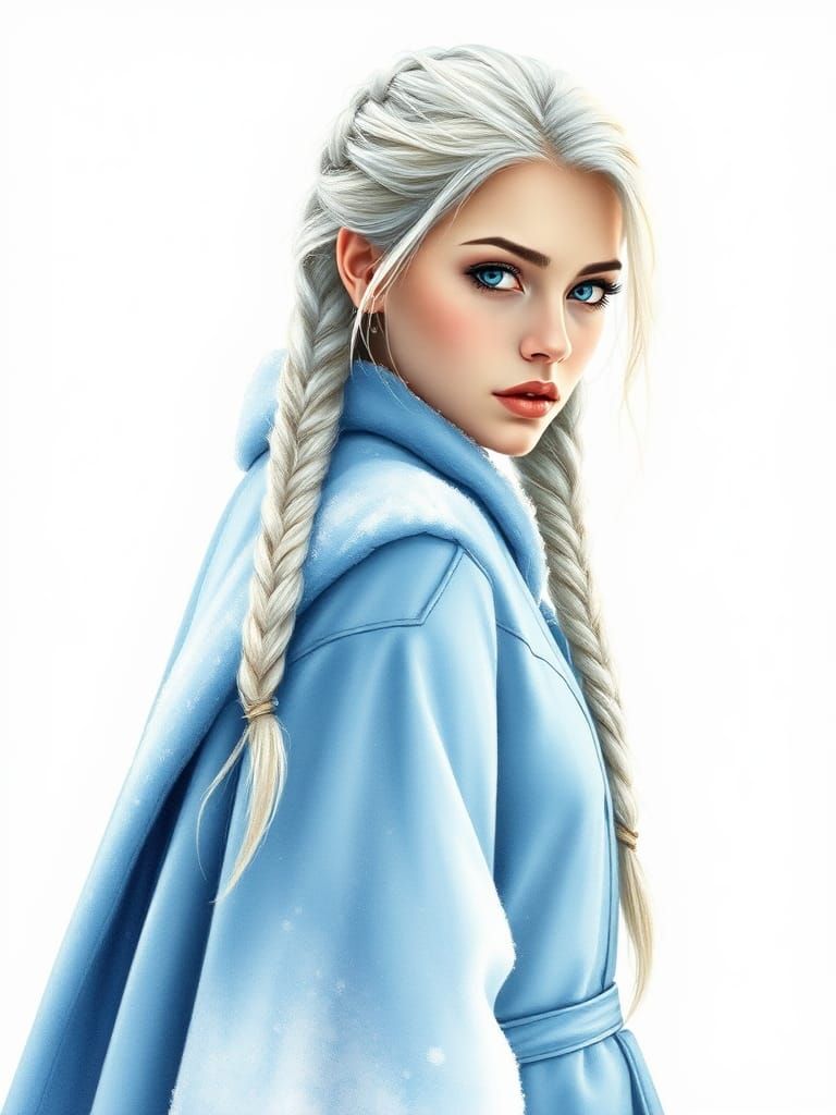 Enchanting Fantasy Woman in Winter Coat: Oil-Watercolor Pain...