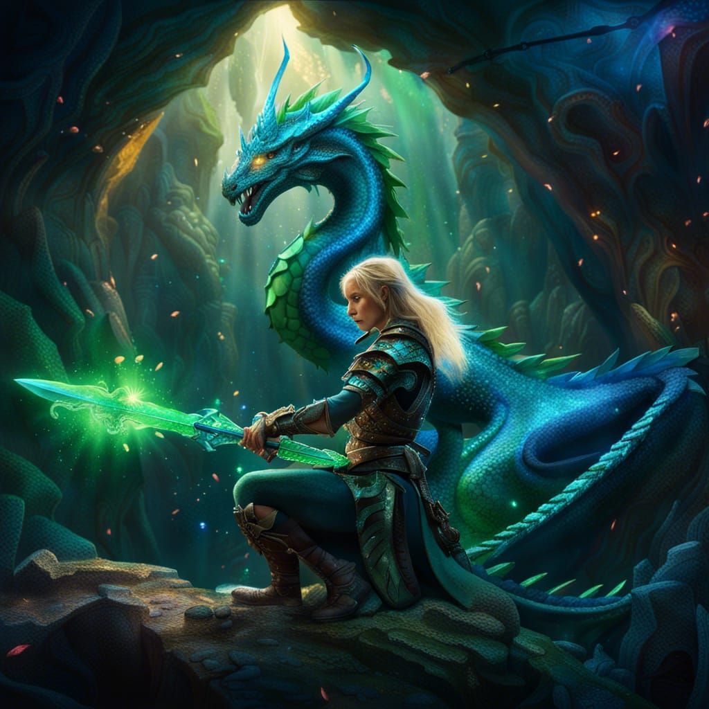 Blue Dragon Guarding Treasure Trove: Fantasy Art