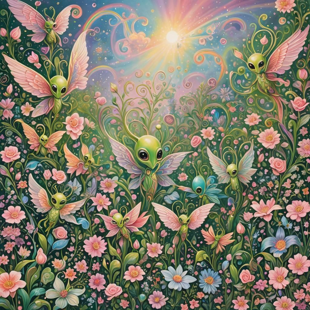 Aliens with wings flying in the sky