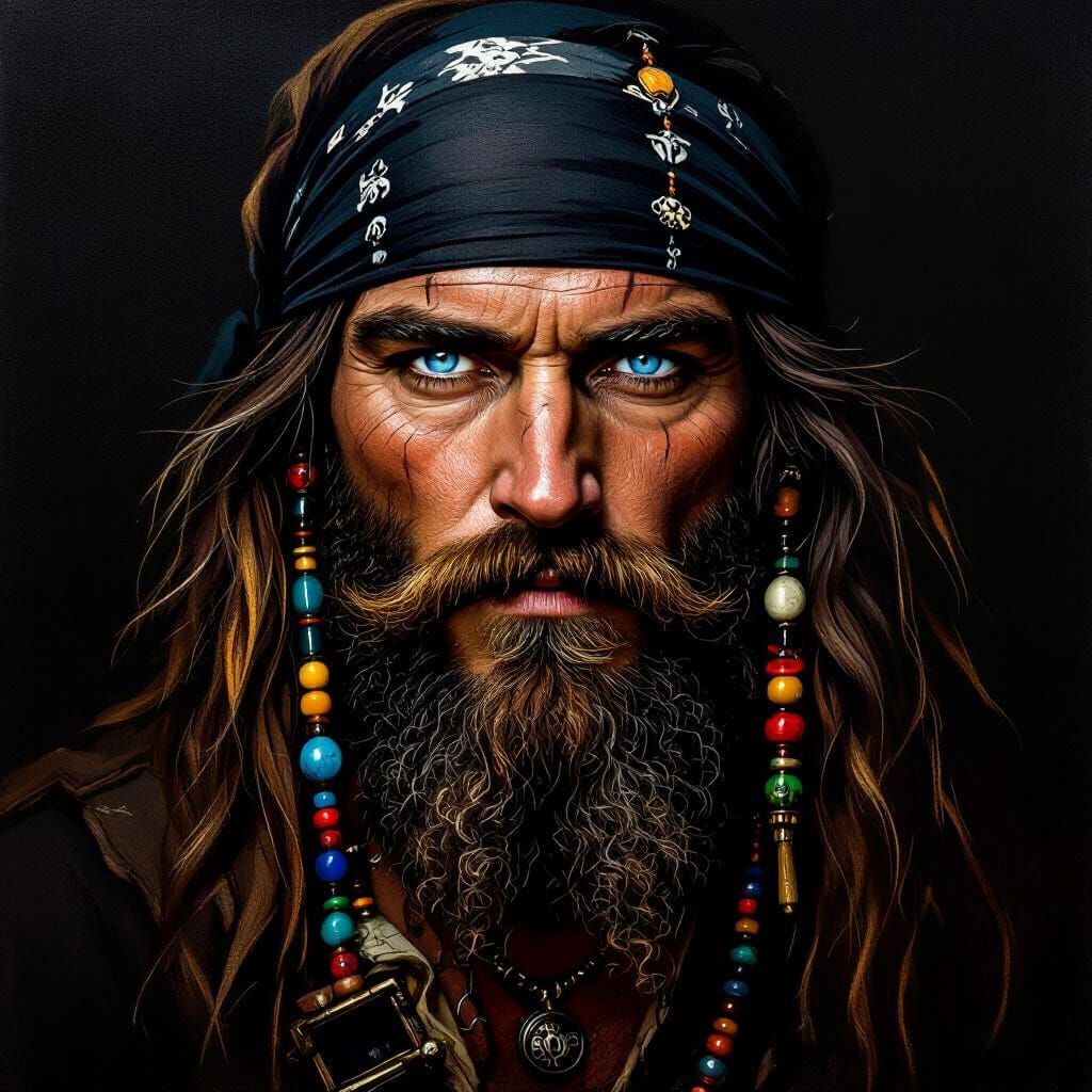 Pirate Portrait with Bandana, Beads, and Chiaroscuro Lightin...