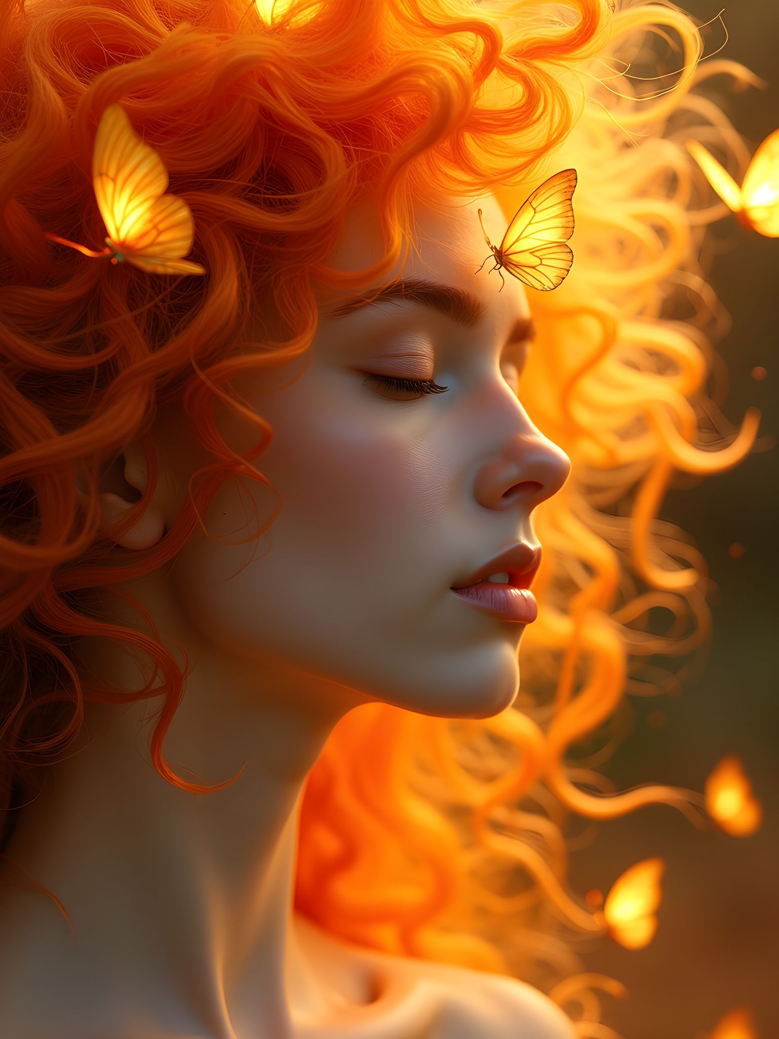 Fiery Haired Woman with Butterflies in Art Nouveau Style