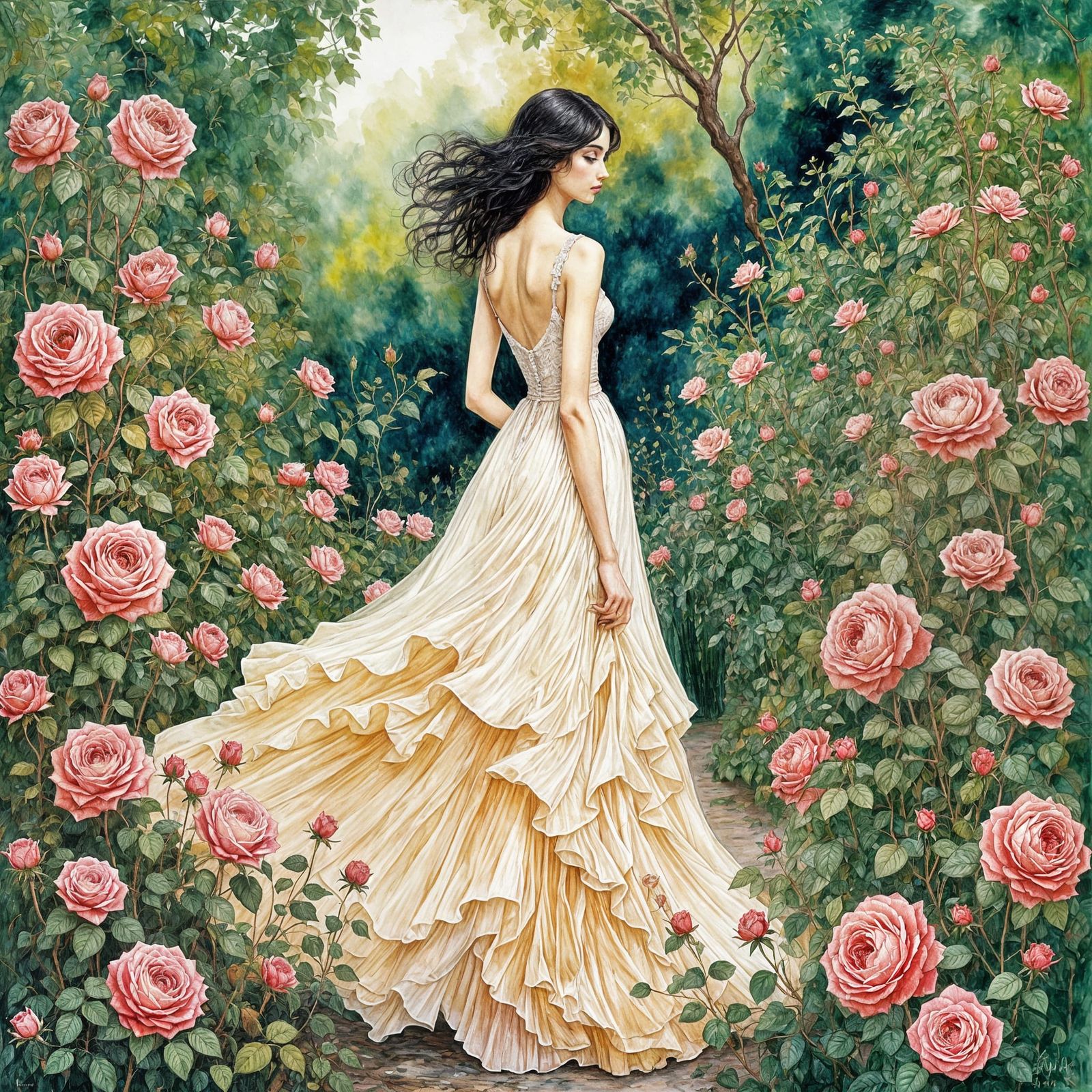 Romantic Watercolor of Woman in Rose Garden