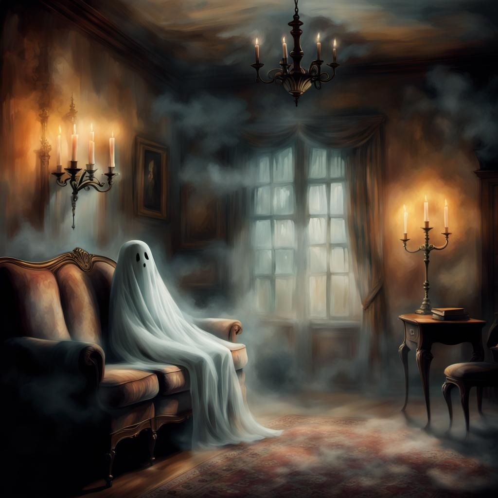 Ethereal Ghost in Spooky House, Watercolor Painting