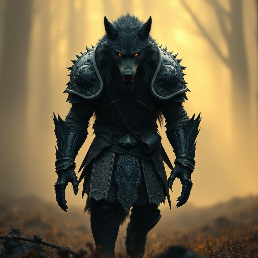 Majestic Werewolf in Weathered Armor Unfolds Doom