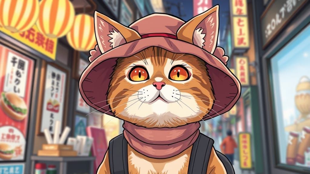 Anime Cat in Unique Hats Buys Food in City