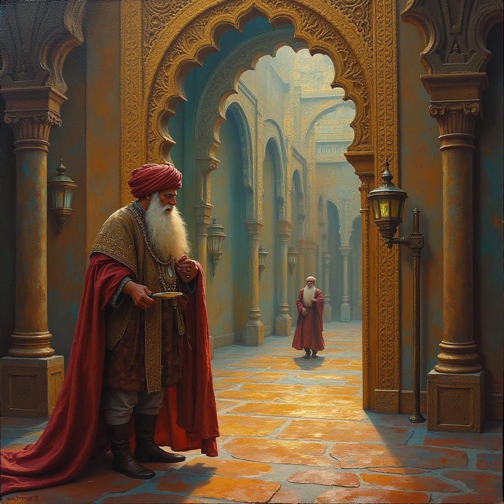 Whimsical Scene in a Majestic Muqarnas Palace