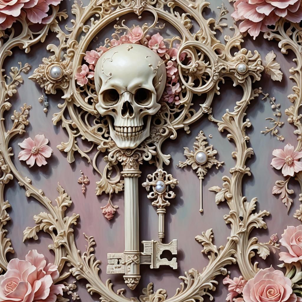 Rococo Bone Key with Pearls in Oil Painting Style