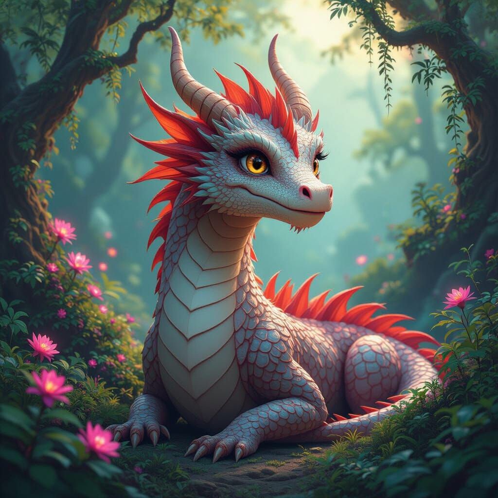 Friendly Lady Dragon in Fairy Tale Matte Painting Style