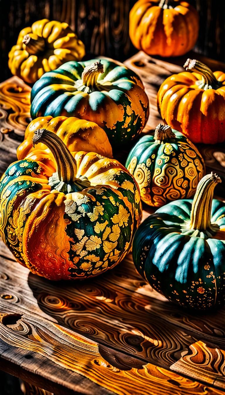 Intricate Carvings on Colorful Squashes: Abstract Expression...