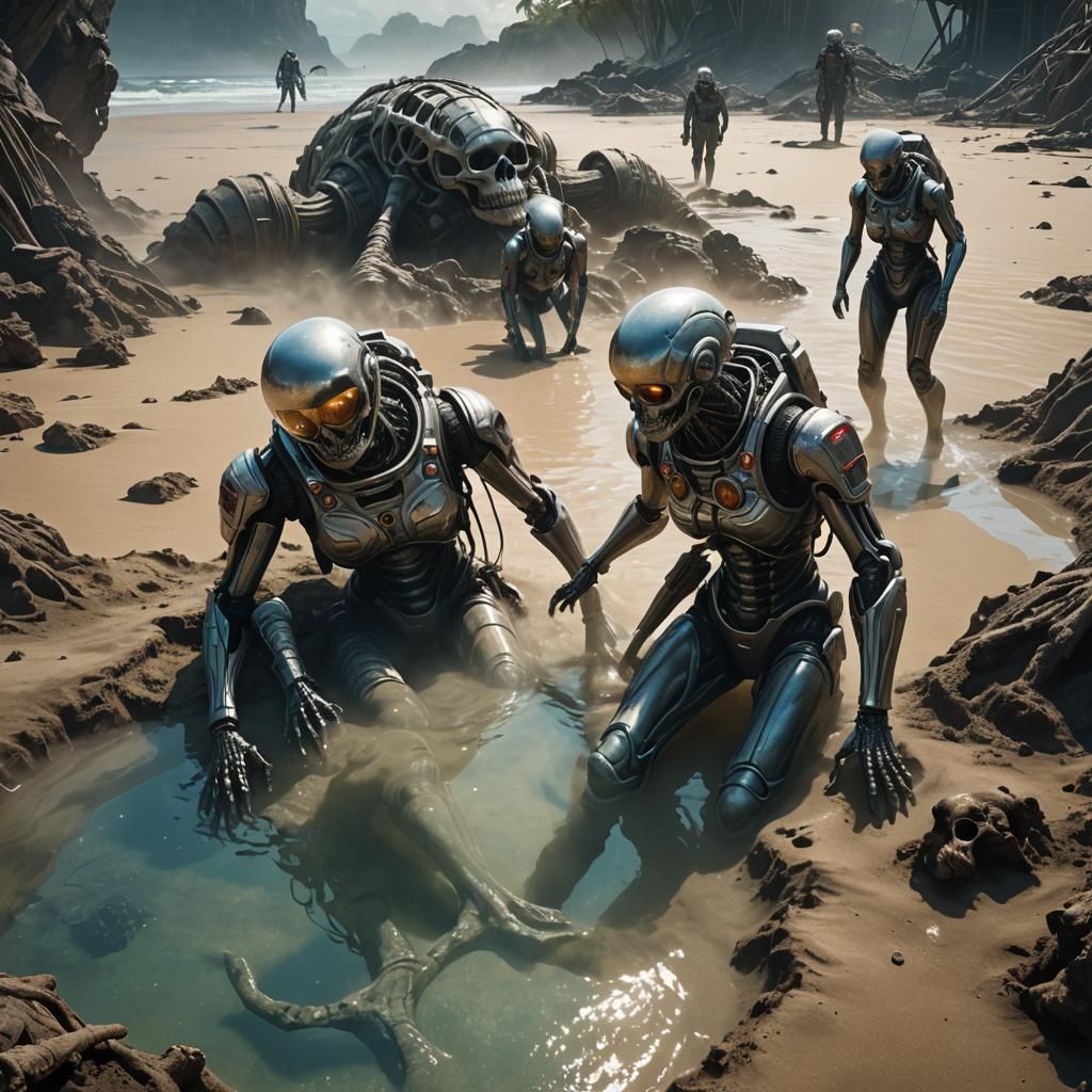 Astronauts Bathe in Alien Footprint: Dark Fantasy Art