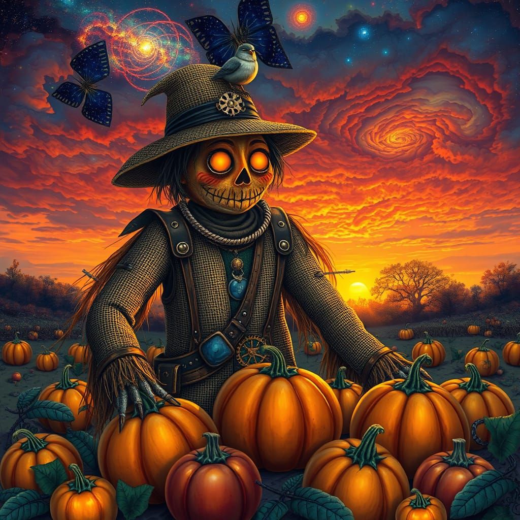 Steampunk Scarecrow Guards Cosmic Harvest at Sunset