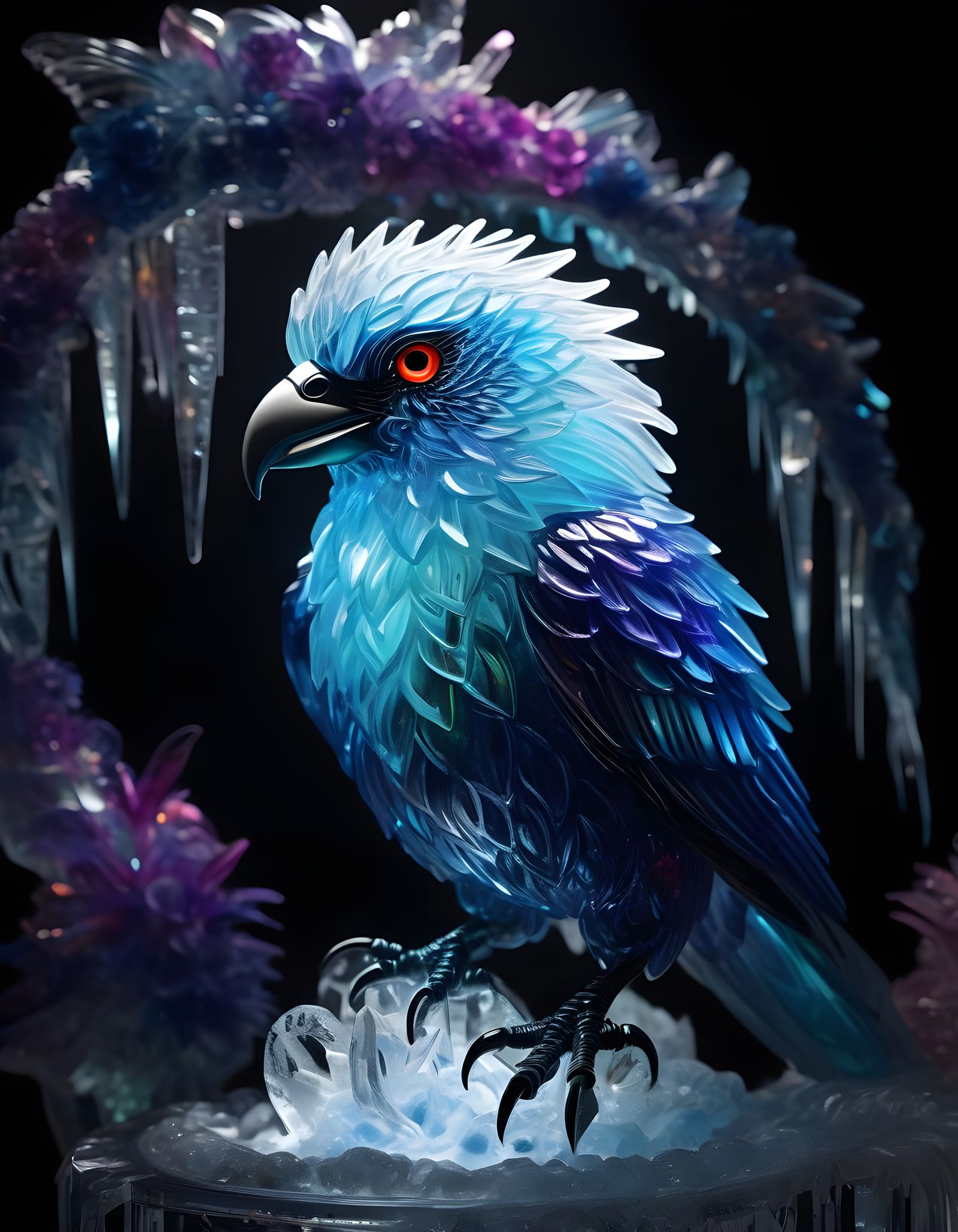 Intricate Ice Bird Sculpture with Neon Galaxy Flowers