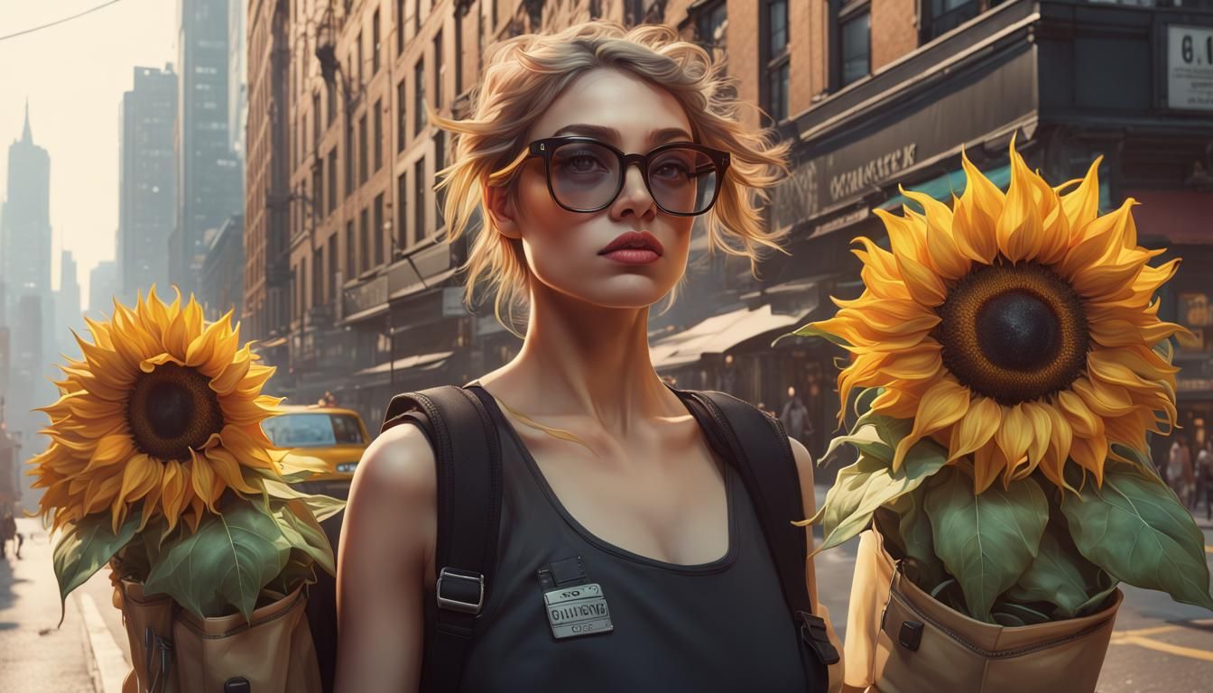 Person with Sunflowers and Coffee, Hyperdetailed Portrait