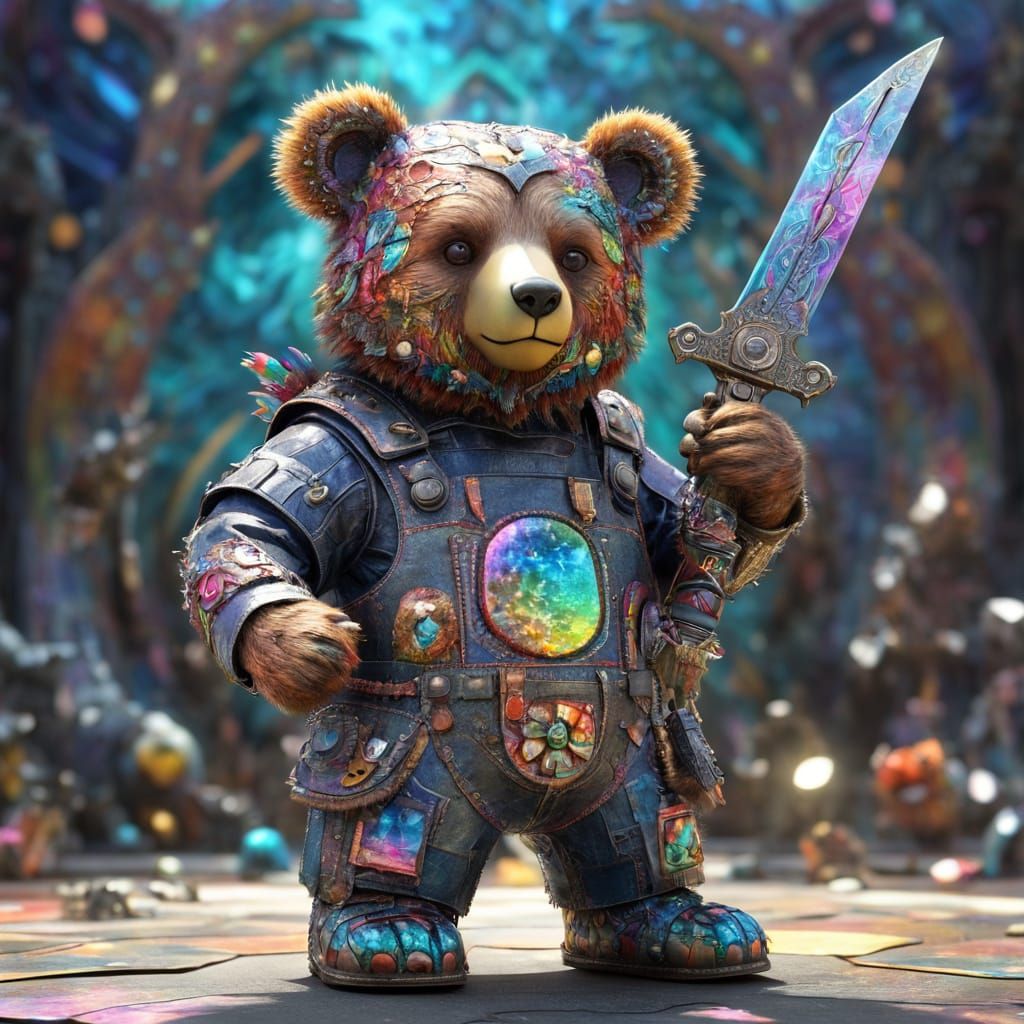 Surreal Bear Hybrid Wields Sword Amidst Vibrant Fractal Land...