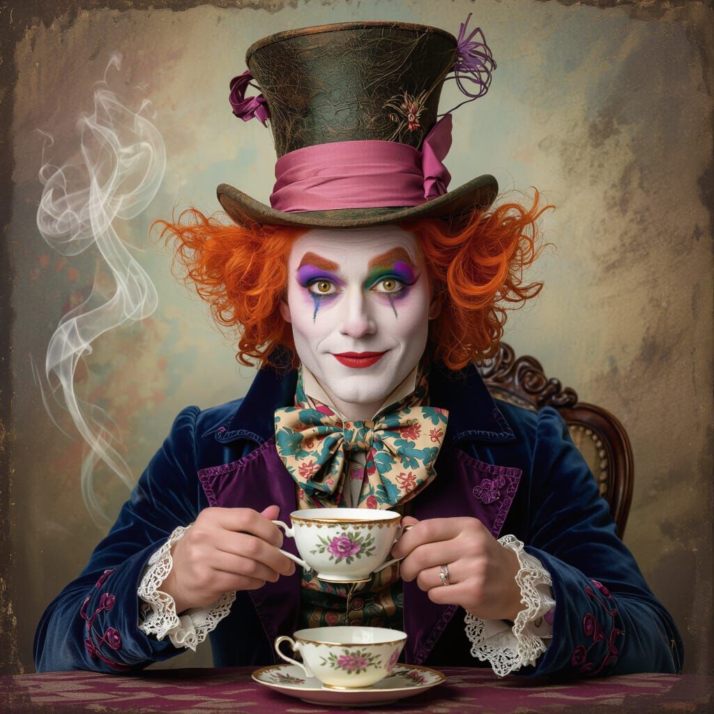 Mad Hatter Character Sips Tea in Whimsical Steampunk Portrai...