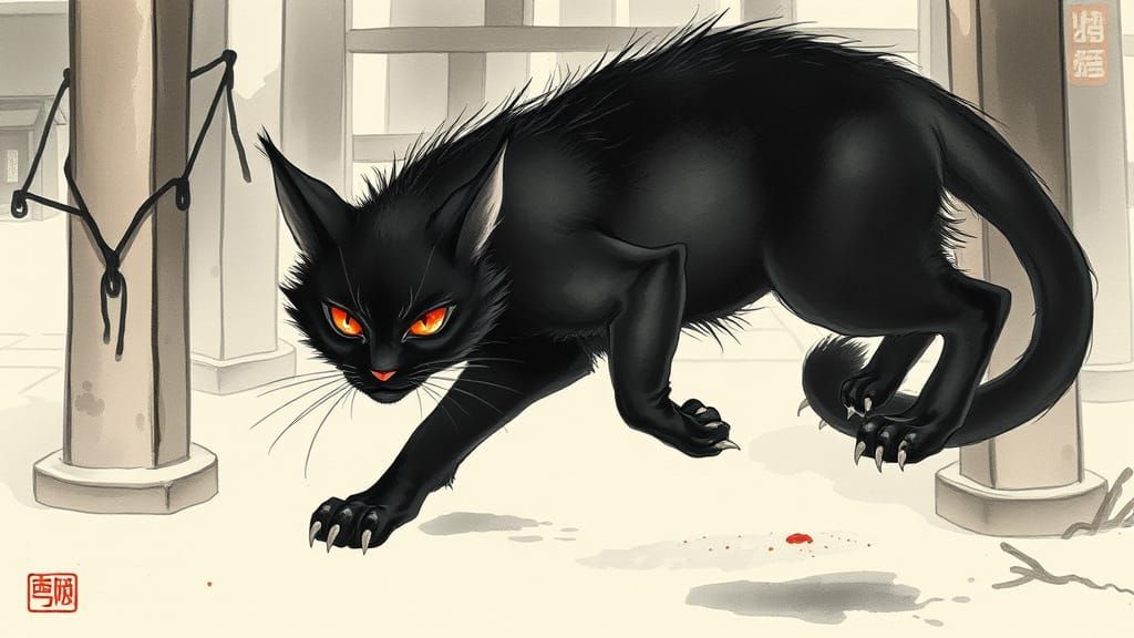 Feline Creature Prowls Temple in Sumi-e Style