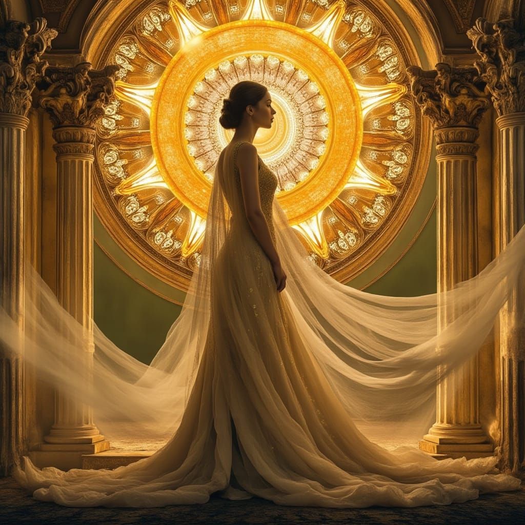 Regal Woman Embracing Wisdom in Art Nouveau Style
