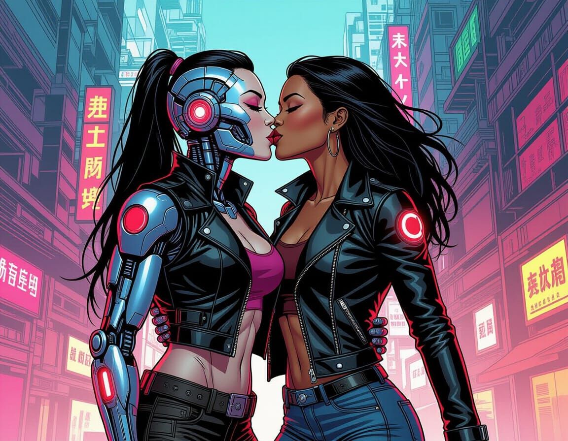 Cyborg Asian Woman Kisses Black Woman in Neon City