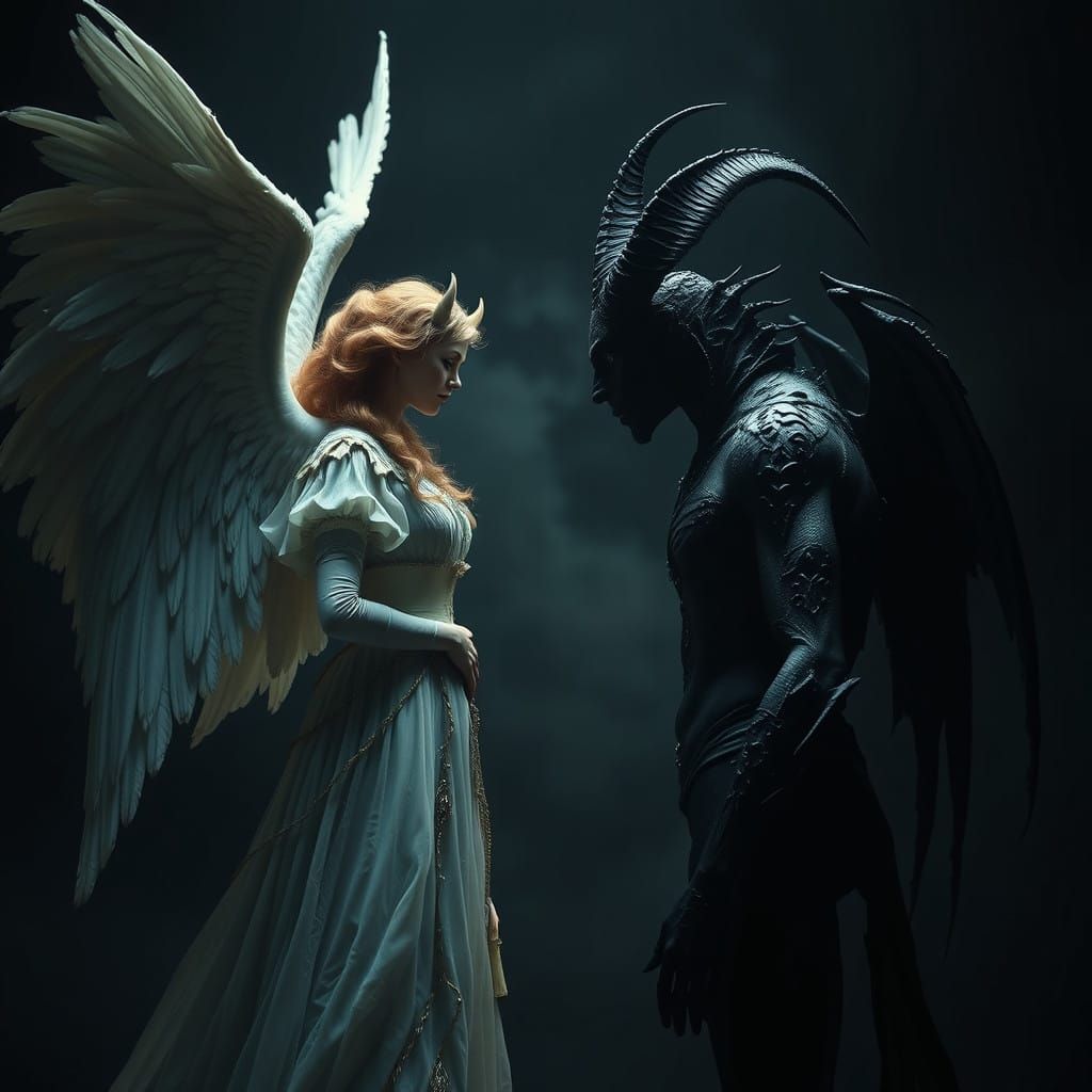 Angels and Demons Confrontation in Dark Surrealism