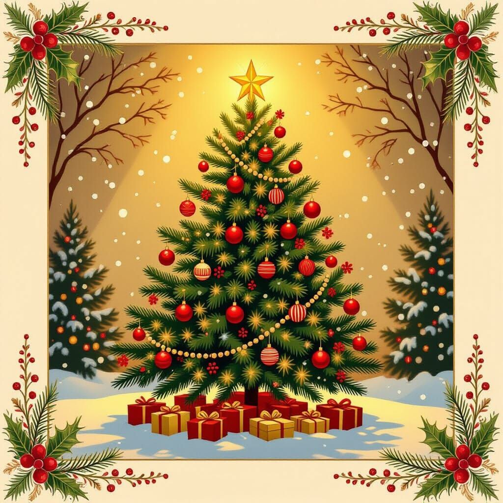 Cozy Christmas Tree with Red Ornaments and Golden Star