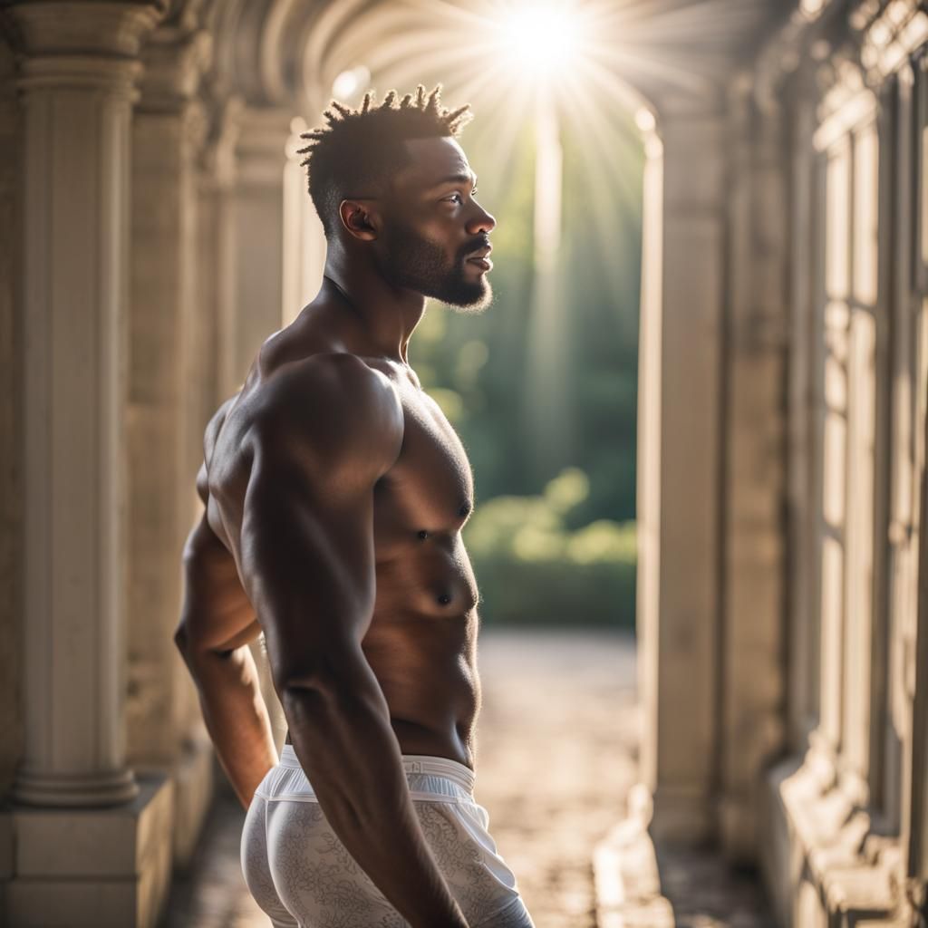 Handsome Man Descending Manor Steps in Divine Light