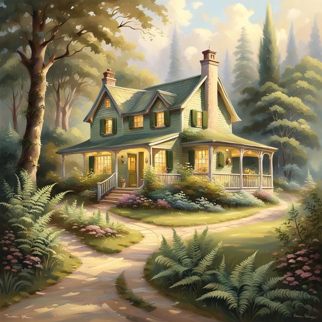 Whimsical Cottage in Verdant Landscape Painting