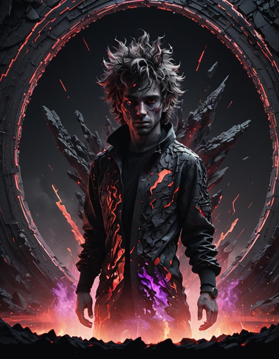 Lava Man in Surreal Landscape: Digital Art Deco Painting