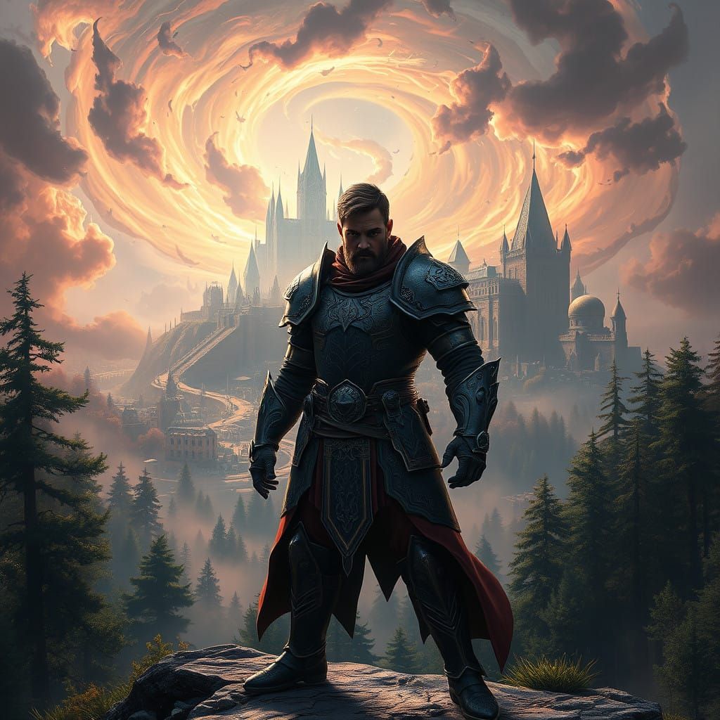 Heroic Warrior Emerges from Ancient Forest Vortex