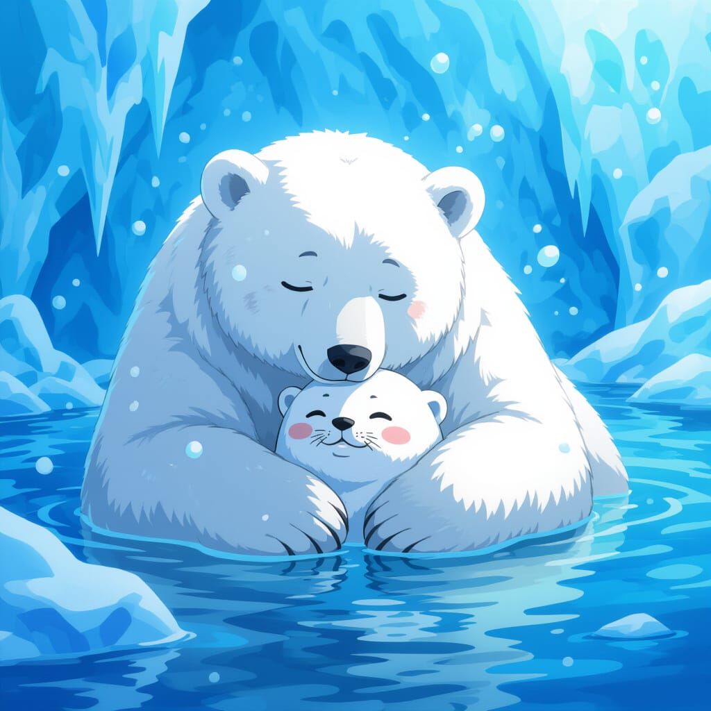 Cute Polar Bear Cuddling Seal in Anime Style