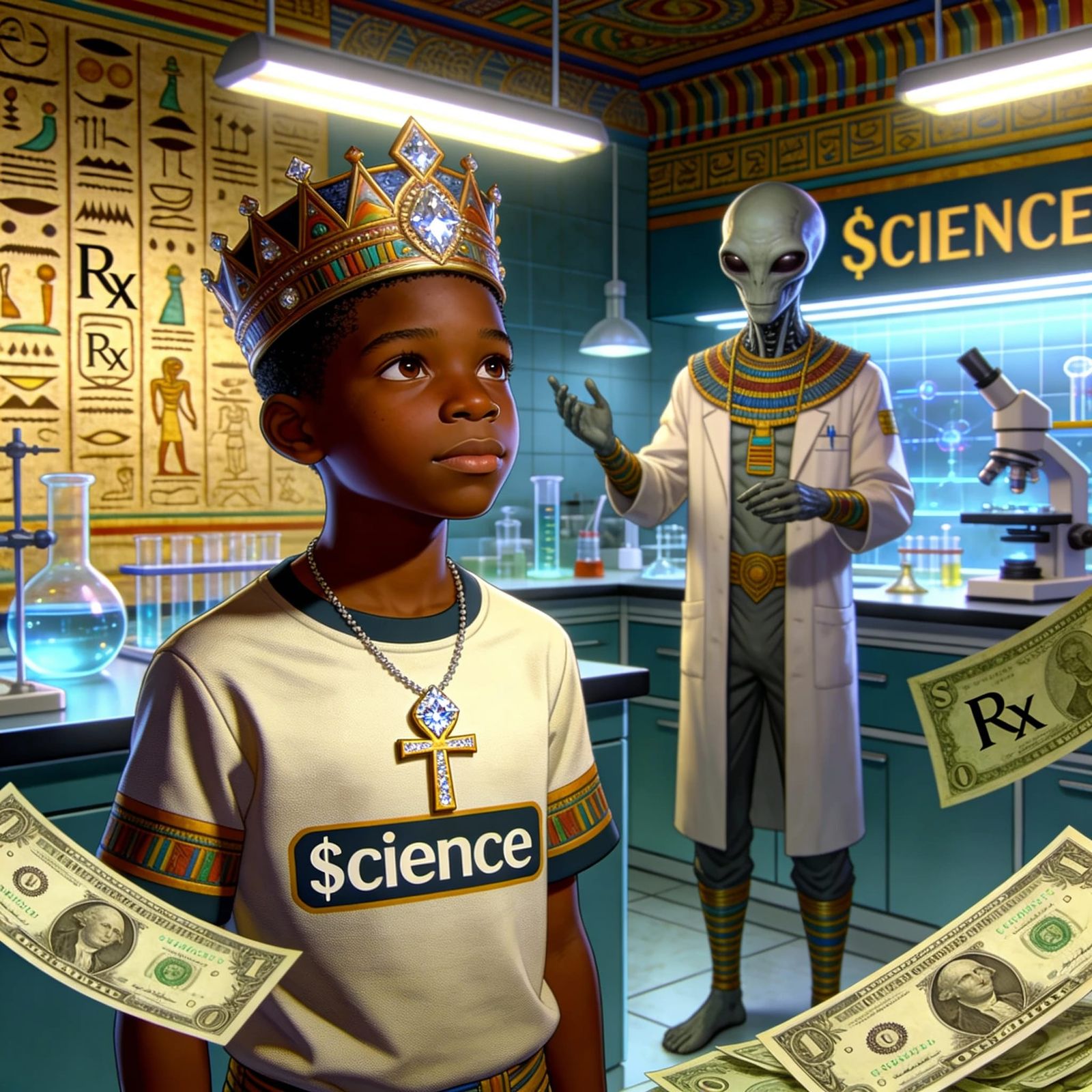 Black Boy in Science Lab with Alien Teacher and Egyptian Sym...