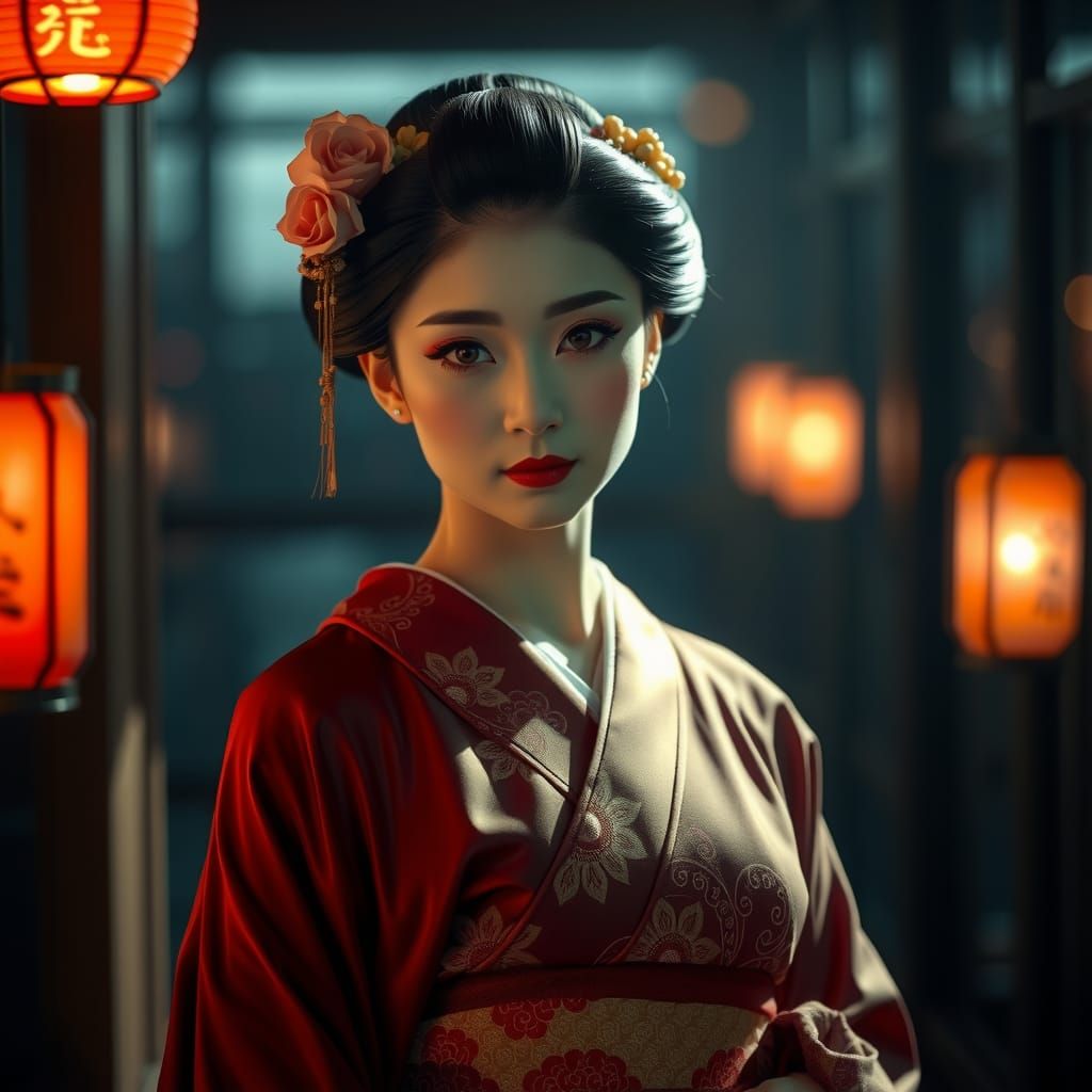 view of a young Japanese geisha, beautiful face, beautiful f...