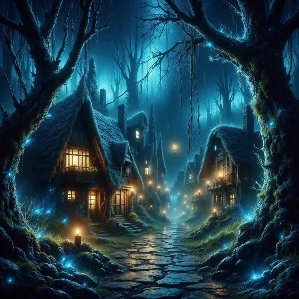 Hidden Village in Magical Shimmering Forest
