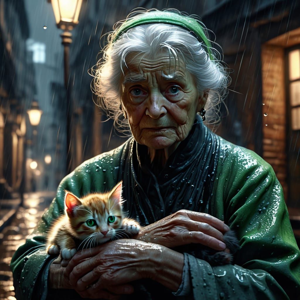 Elderly Woman Rescues Kitten with Glowing Eyes in Rainy Alle...