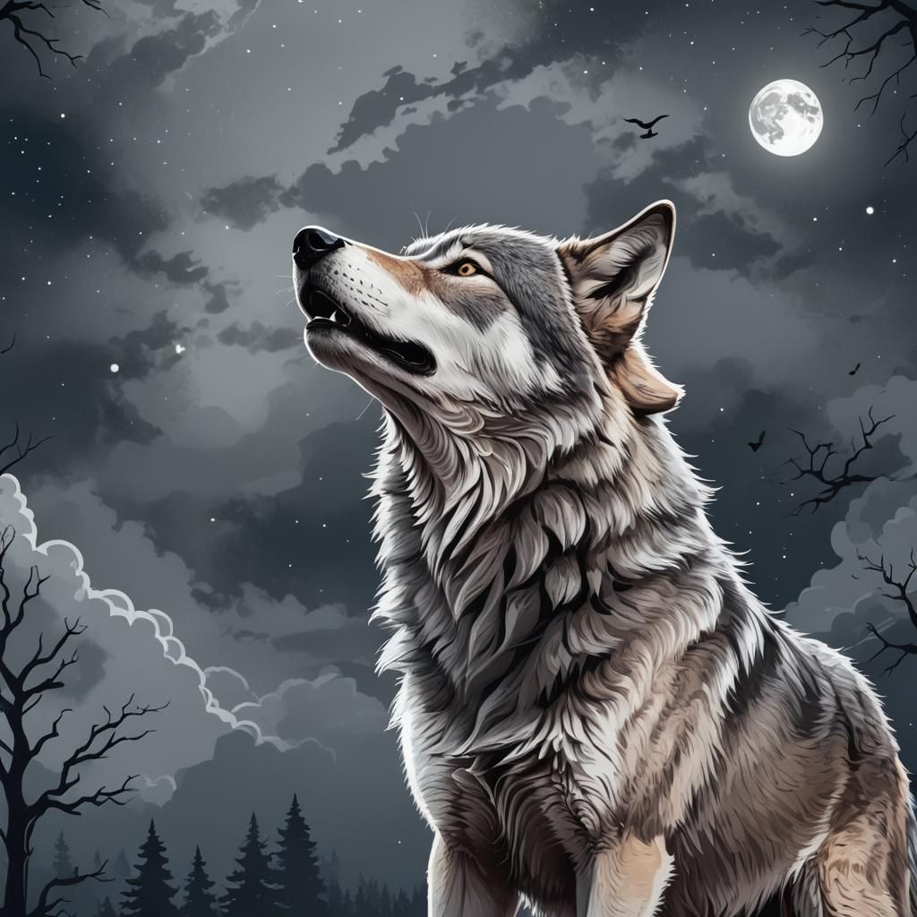 Cartoon Wolf Howling at the Moon
