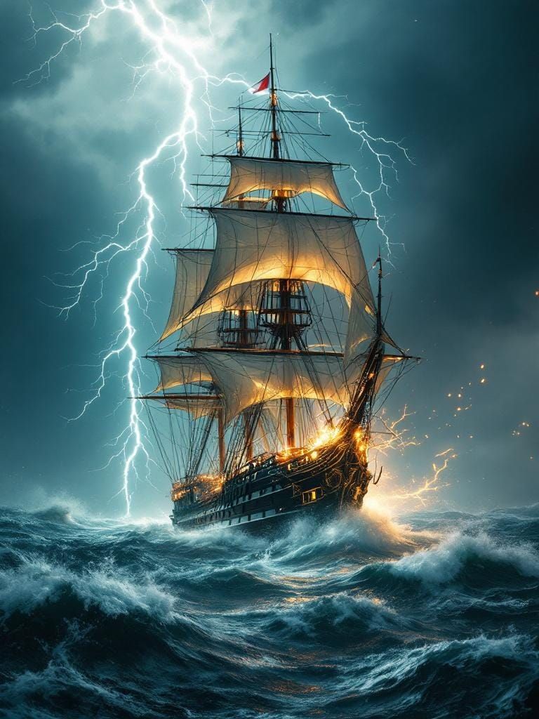 Steampunk Ship Amidst Electromagnetic Storm, Dramatic Seasca...