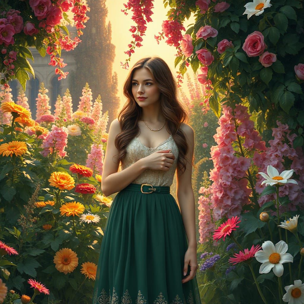 Elegant Woman in Garden, Art Nouveau Style