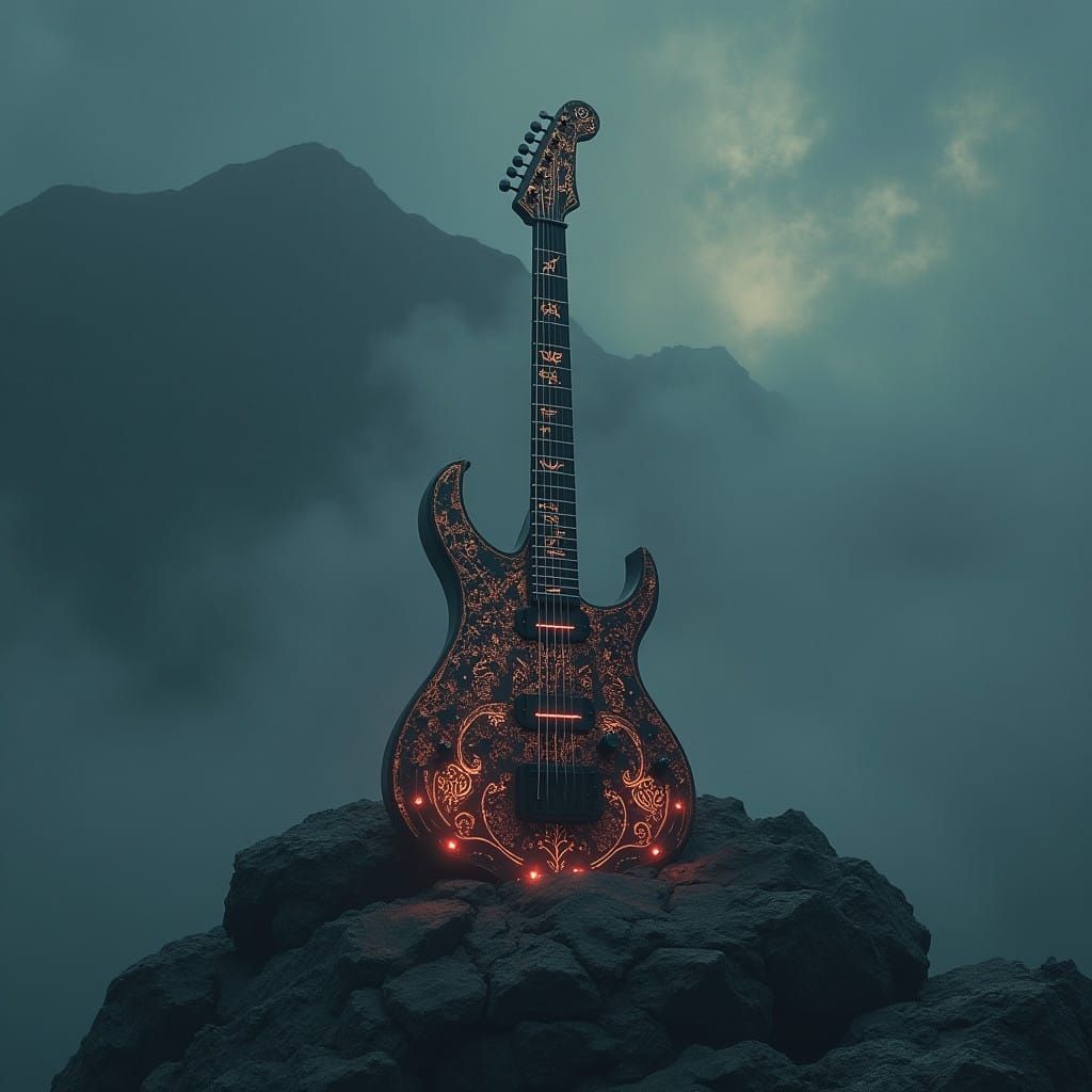 Mystical Guitar Awakens Cosmic Despair in Dark, Neon-Lit Lan...