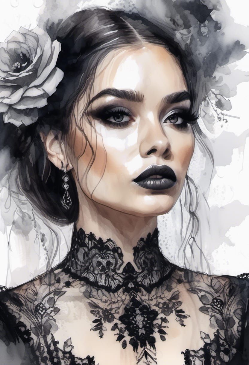 Gothic Woman in Watercolor Sketch Style