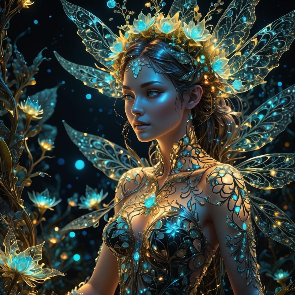 Bioluminescent Fractal Fairy Plants in Galactic Night