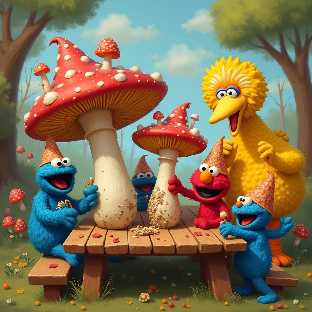 Dancing Mushrooms with Sesame Street, Whimsical Digital Art