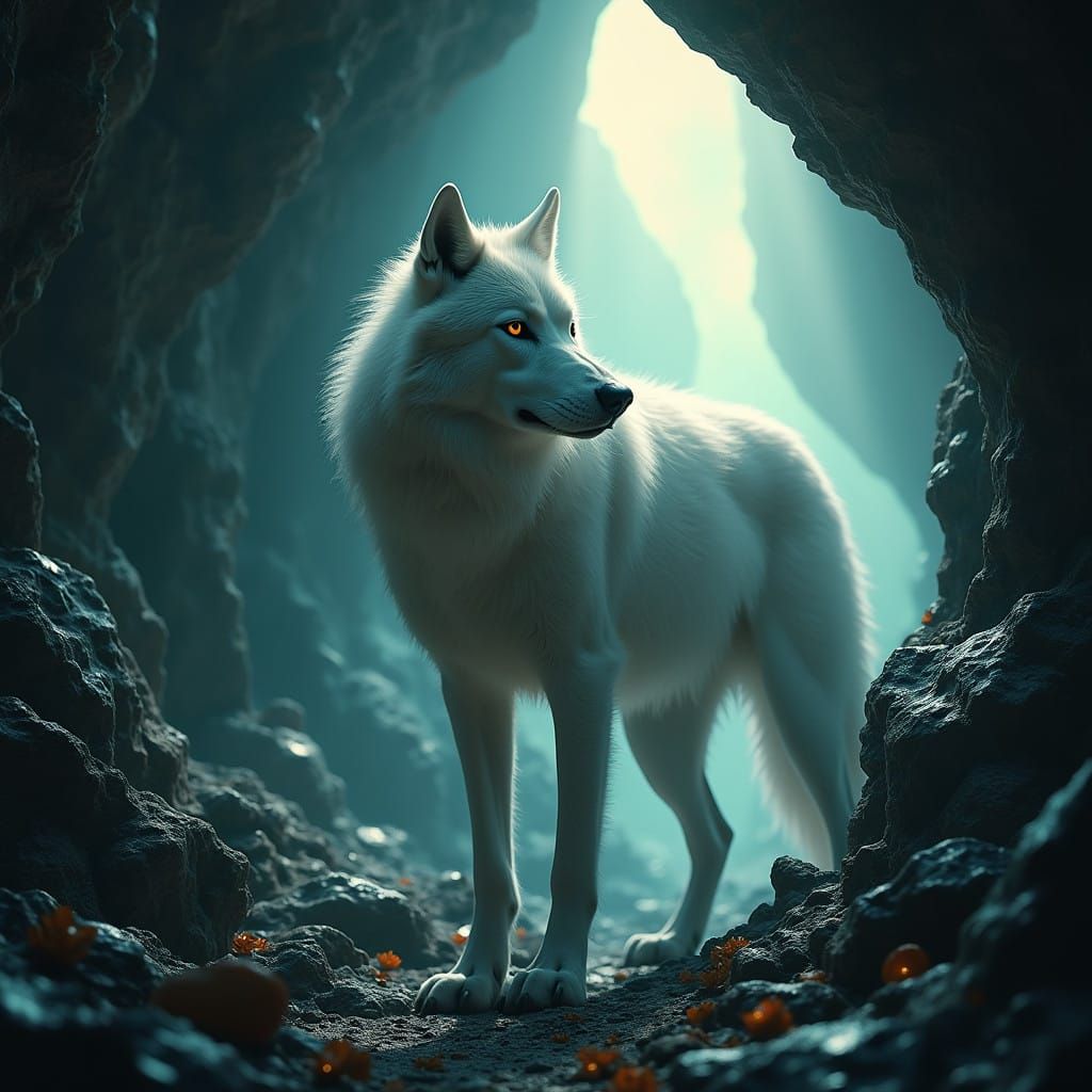 Majestic White Wolf in Ancient Cave with Black Crystals