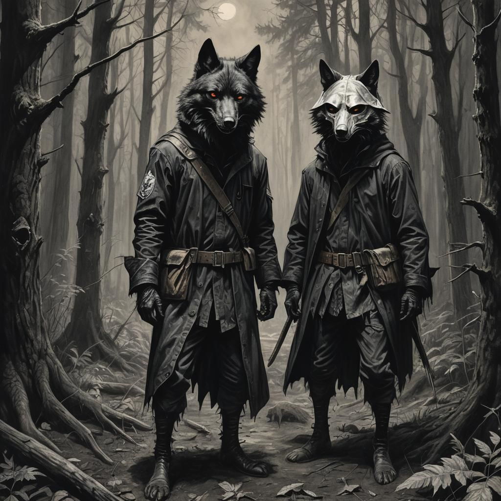 Wolves in Plague Mask and Witch Hat: Charcoal Drawing