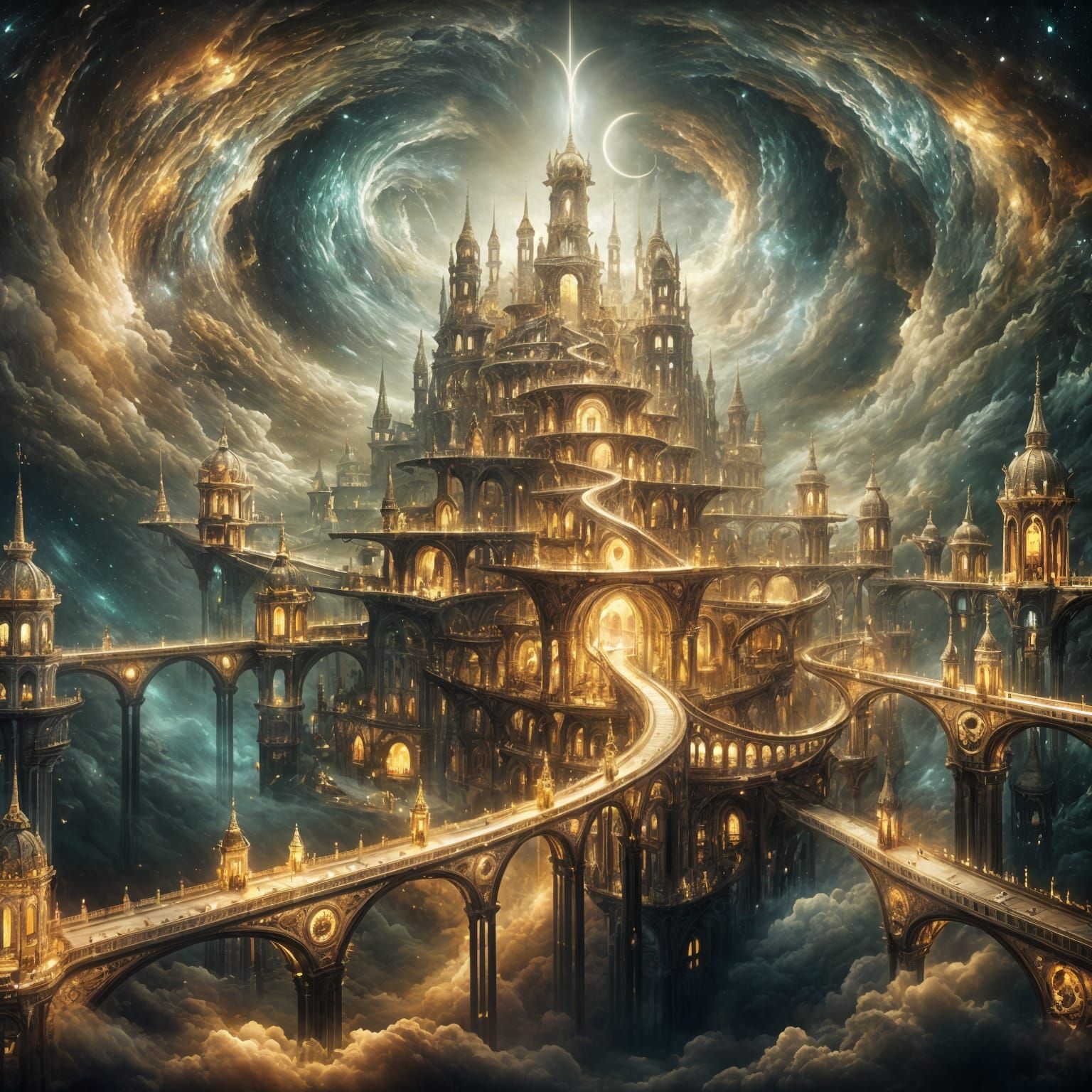 Celestial Castle Floating in the Sky With Golden Architectur...