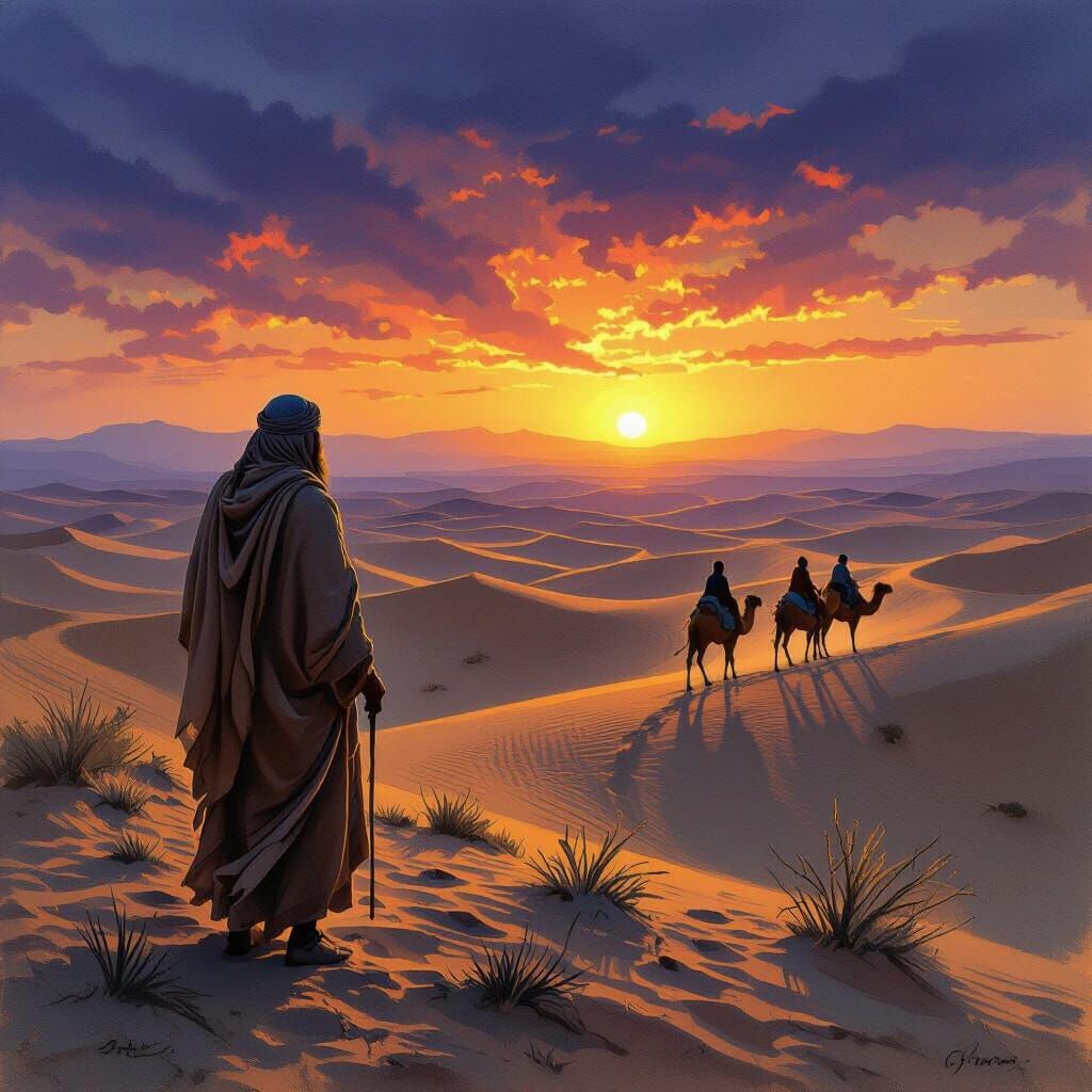 Desert Caravan at Dusk in Wildlife Art Style