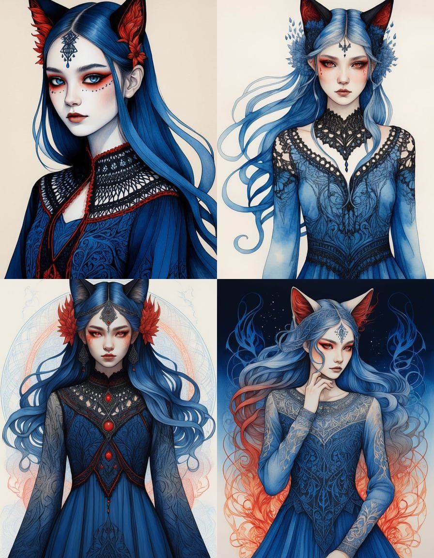 Elegant Nordic Woman with Cat Ears in Ink Drawing