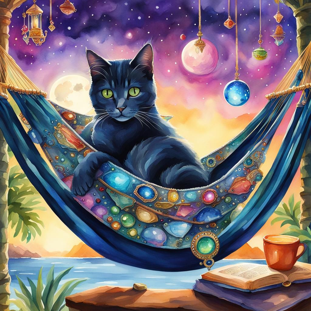 Galactic Oasis Cat Hammock Watercolor Dreamscape