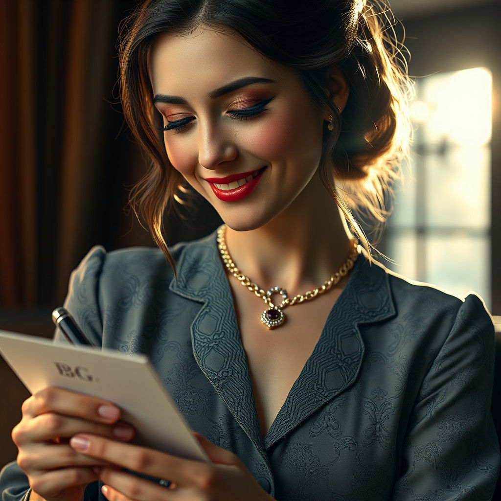 Elegant Woman Writes Letter in Hyperrealistic Style