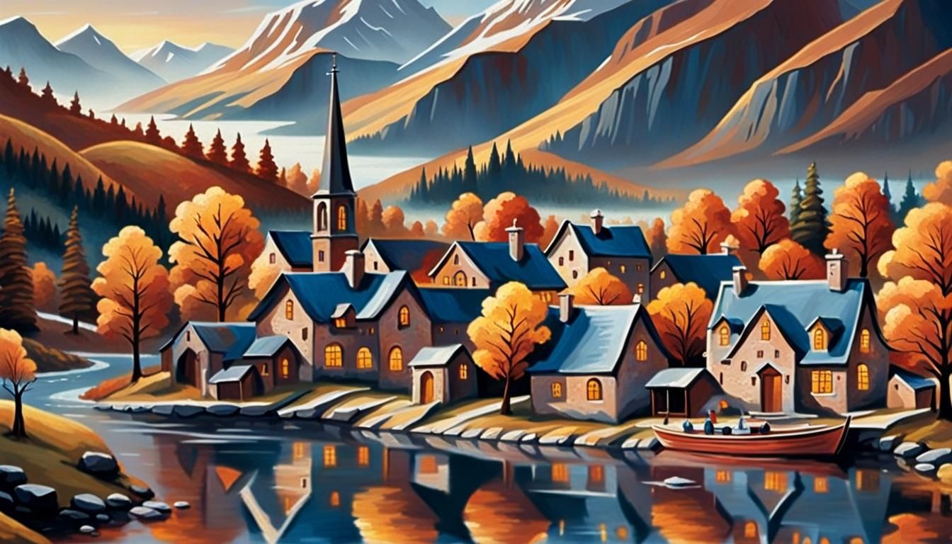 Idyllic Village in Autumnal Valley: Impressionistic Style